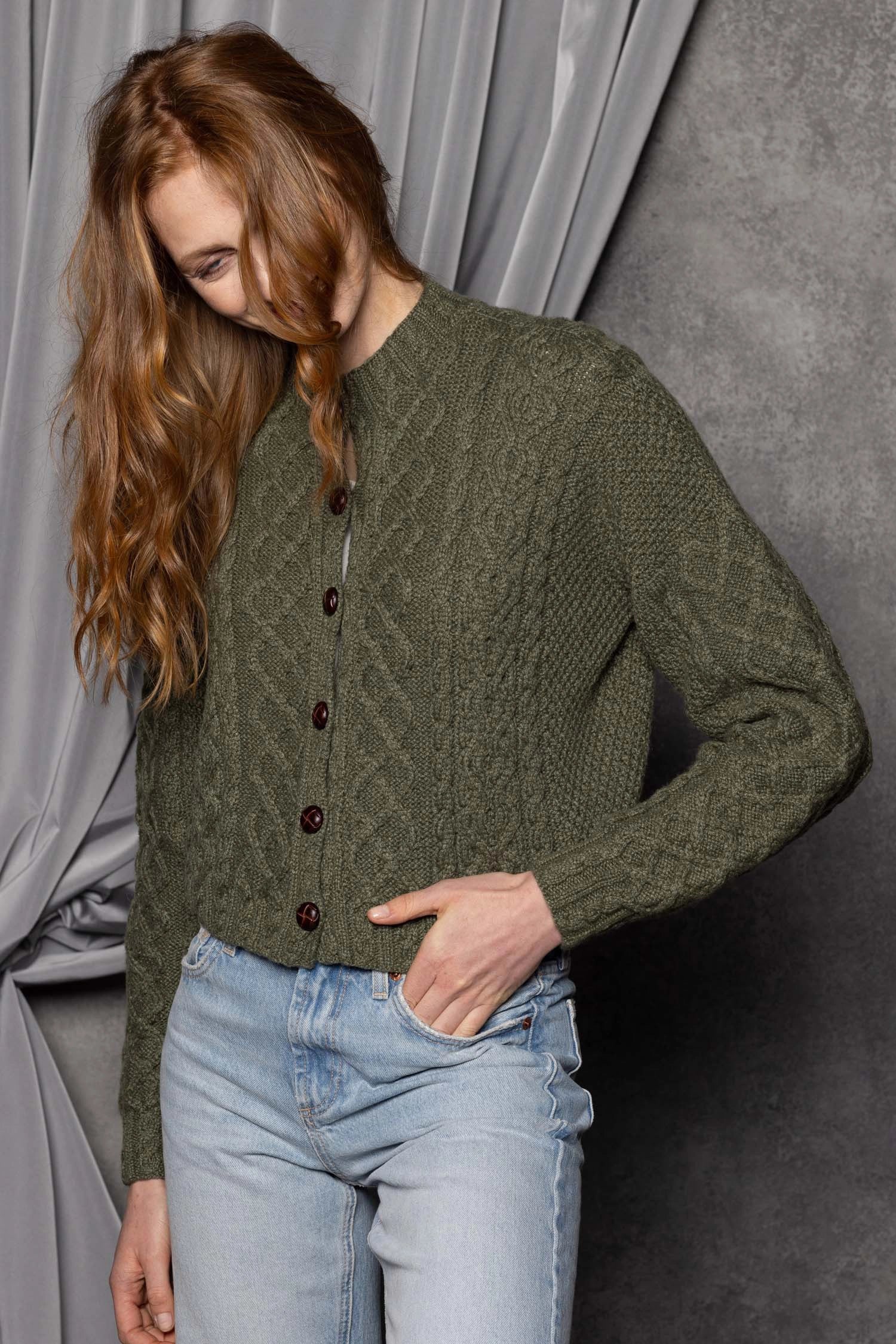 Luxury Cashmere Aran Cardigan in Green