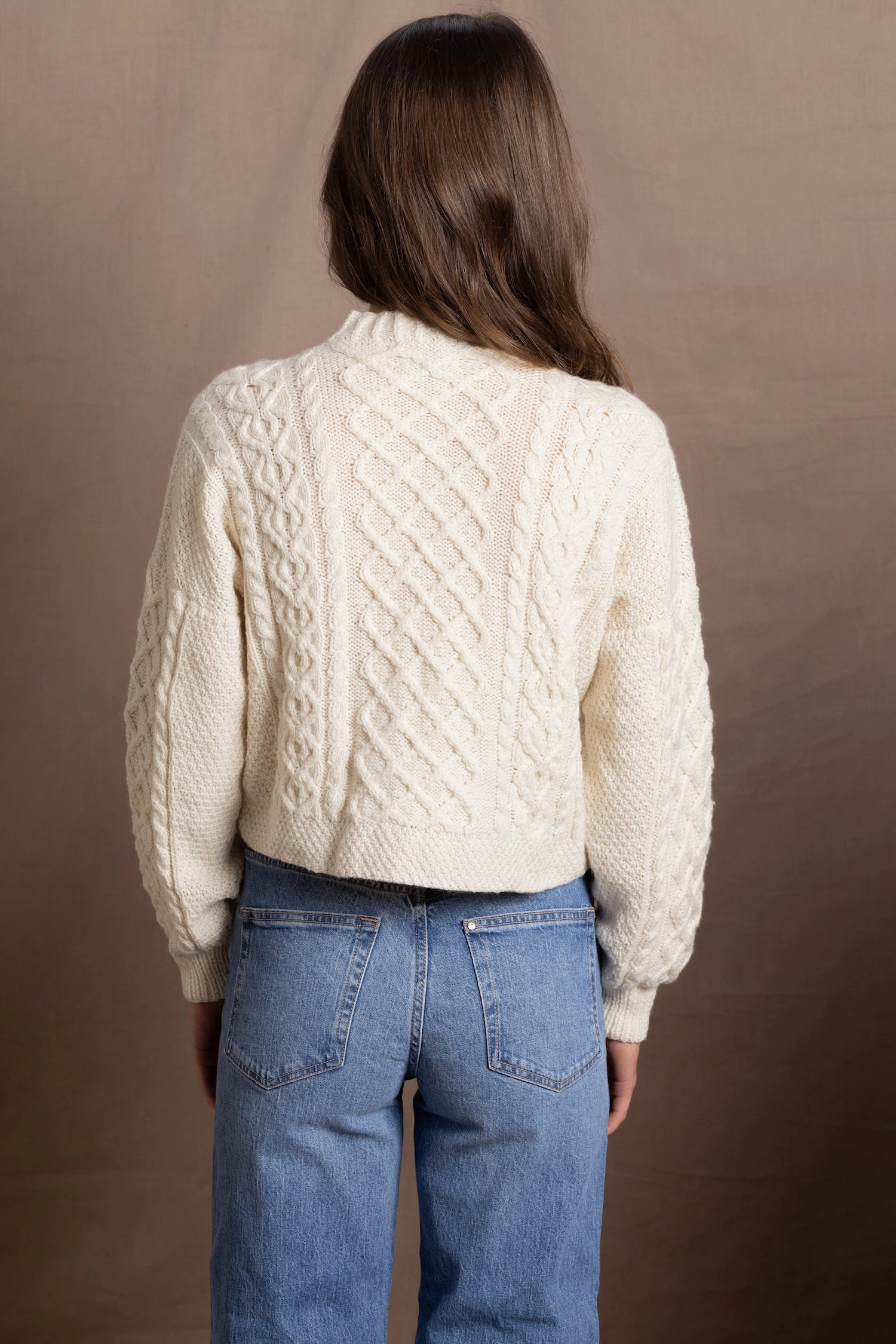 Authentic Irish 100% Pure Cashmere Aran Turtleneck Cropped Sweater in Cream