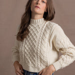 Authentic Irish 100% Pure Cashmere Aran Turtleneck Cropped Sweater in Cream