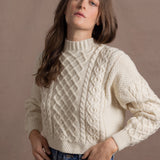 Authentic Irish 100% Pure Cashmere Aran Turtleneck Cropped Sweater in Cream
