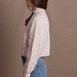 Authentic Irish 100% Pure Cashmere Aran Turtleneck Cropped Sweater in Pale Pink
