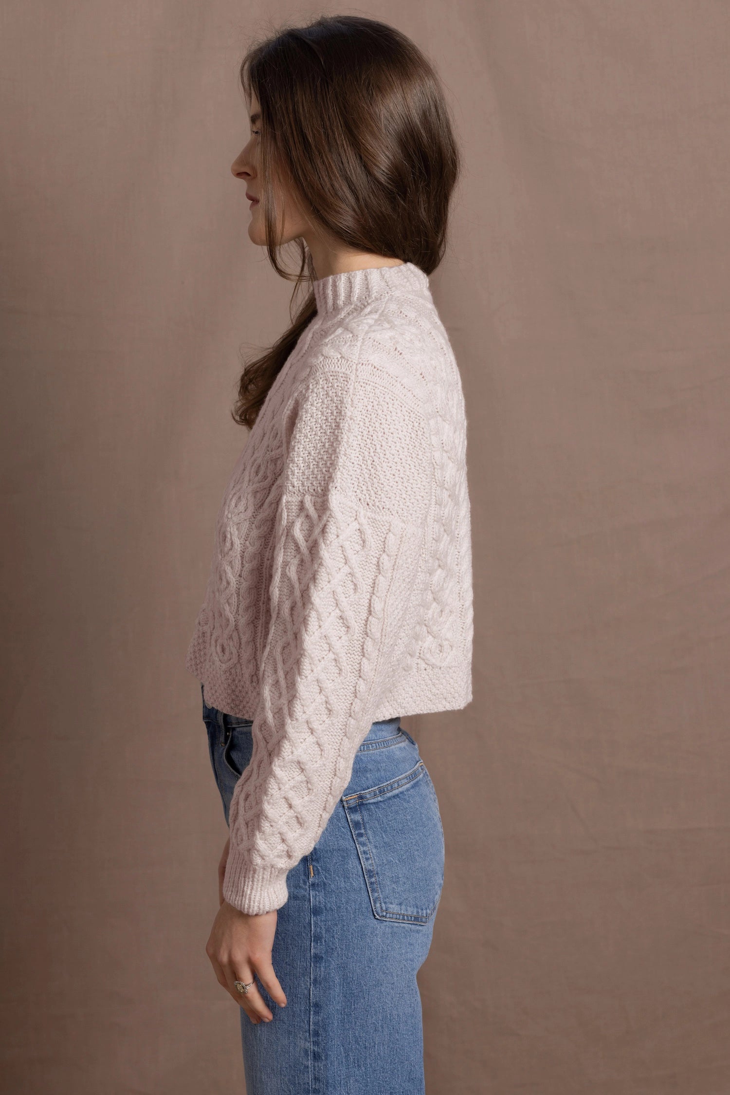 Authentic Irish 100% Pure Cashmere Aran Turtleneck Cropped Sweater in Pale Pink
