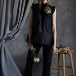 Silk Taffeta Ruffle Sleeveless Top in Black