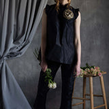 Silk Taffeta Ruffle Sleeveless Top in Black
