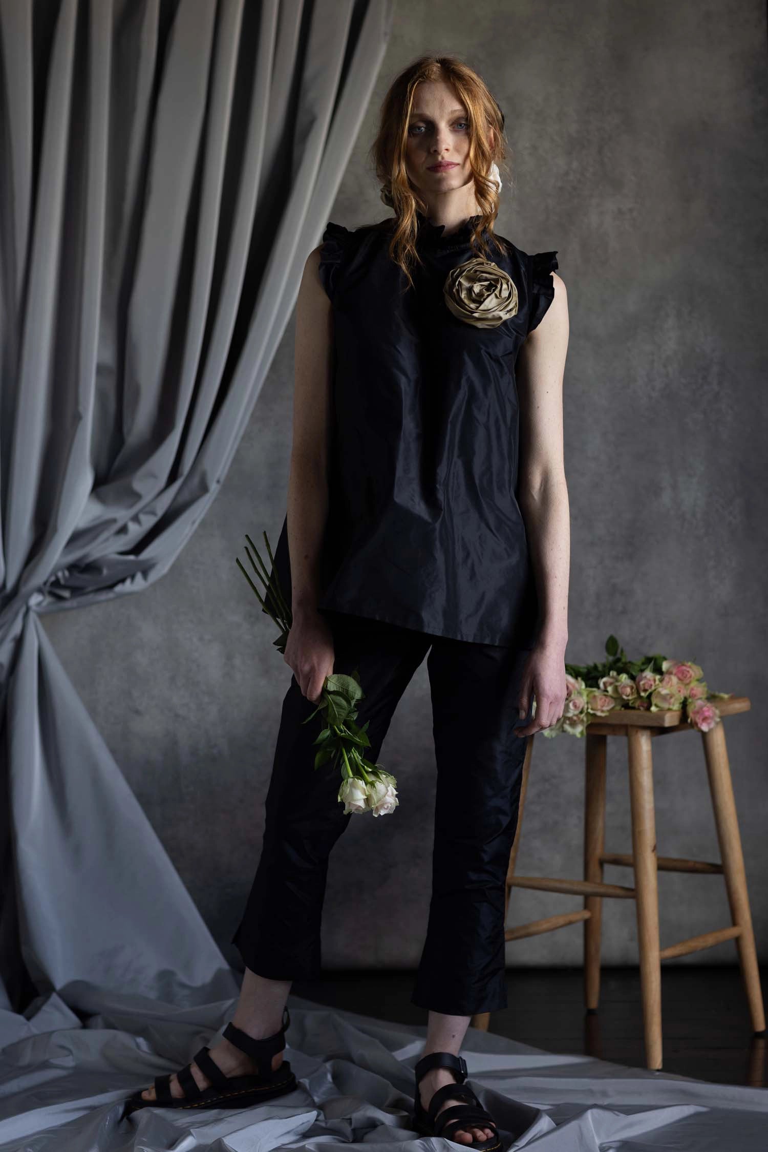 Silk Taffeta Ruffle Sleeveless Top in Black