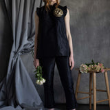 Silk Taffeta Ruffle Sleeveless Top in Black