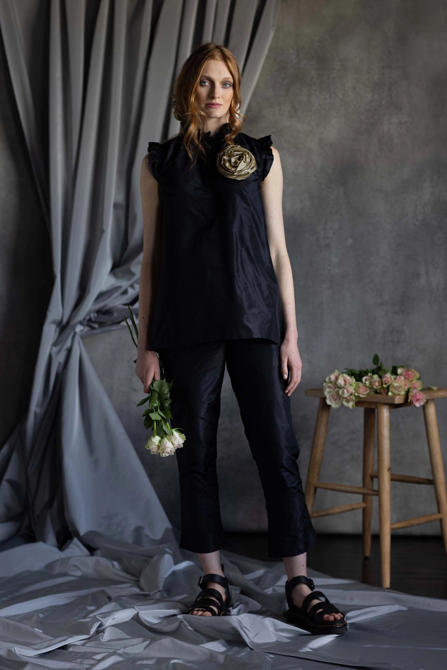 Silk Taffeta Ruffle Sleeveless Top in Black