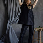 Silk Taffeta Ruffle Sleeveless Top in Black