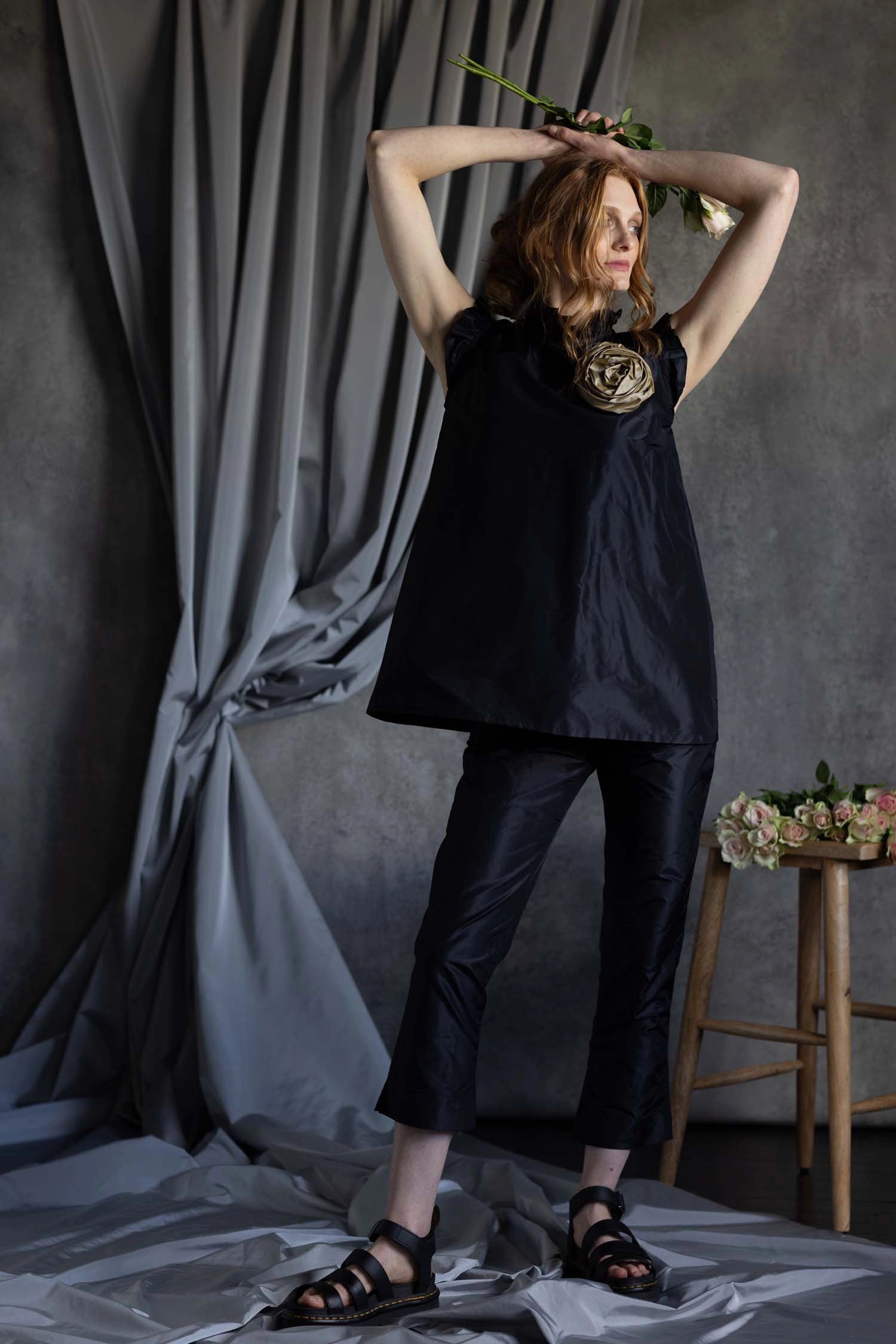 Silk Taffeta Ruffle Sleeveless Top in Black