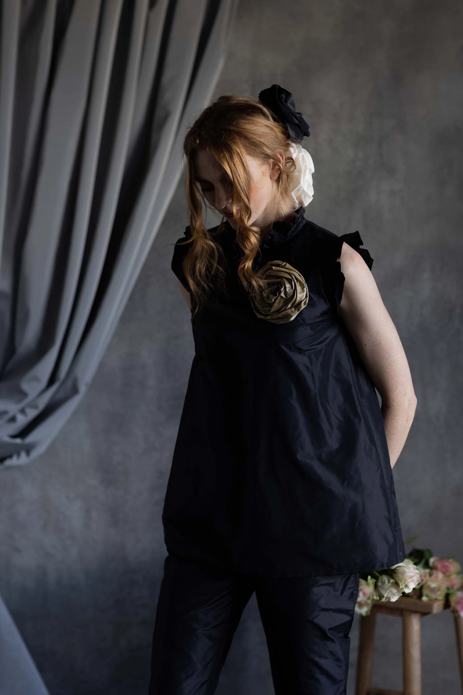 Silk Taffeta Ruffle Sleeveless Top in Black