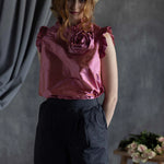 Silk Taffeta Ruffle Sleeveless Top in Pink