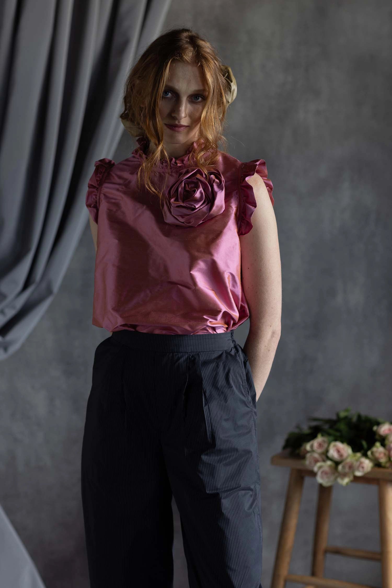 Silk Taffeta Ruffle Sleeveless Top in Pink