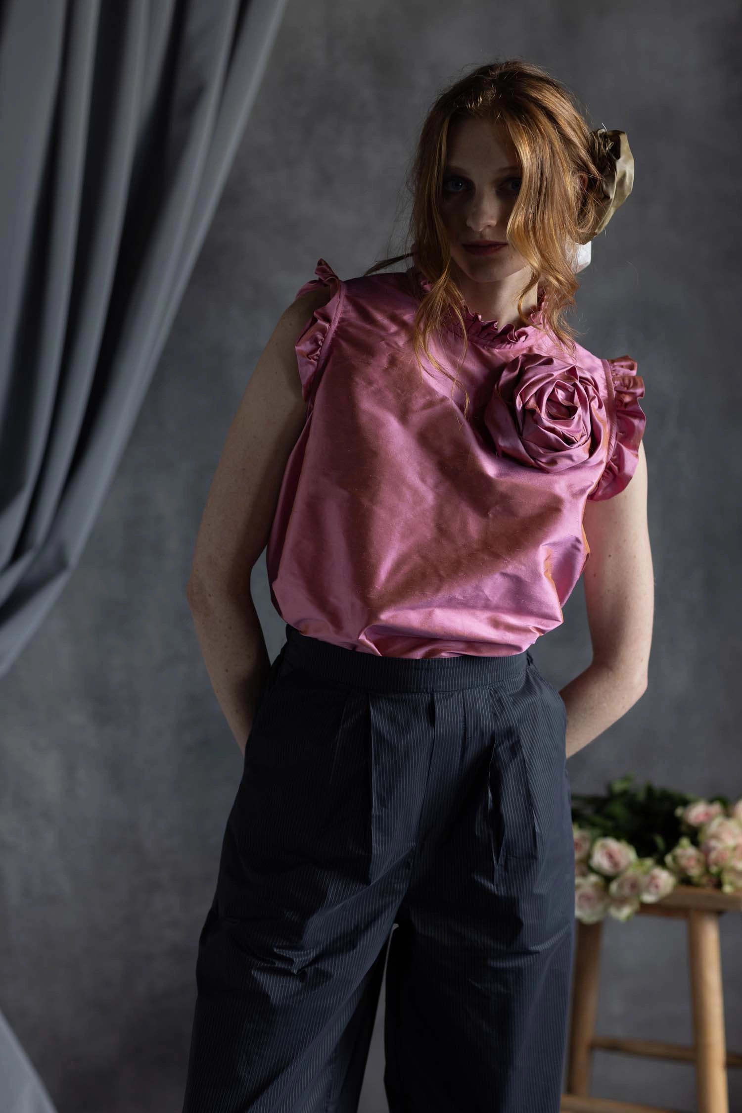 Silk Taffeta Ruffle Sleeveless Top in Pink