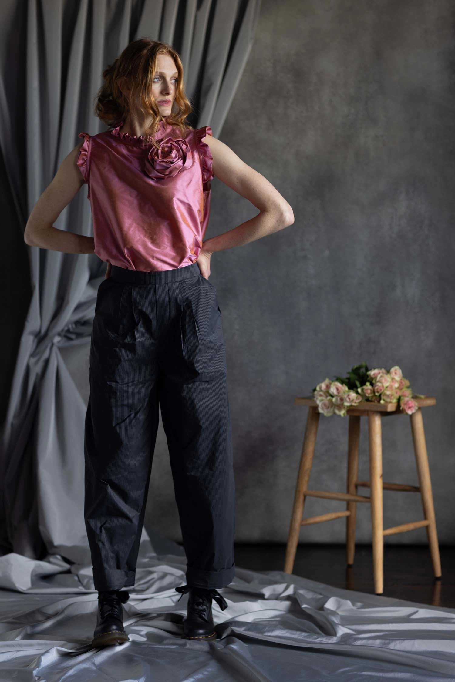 Silk Taffeta Ruffle Sleeveless Top in Pink