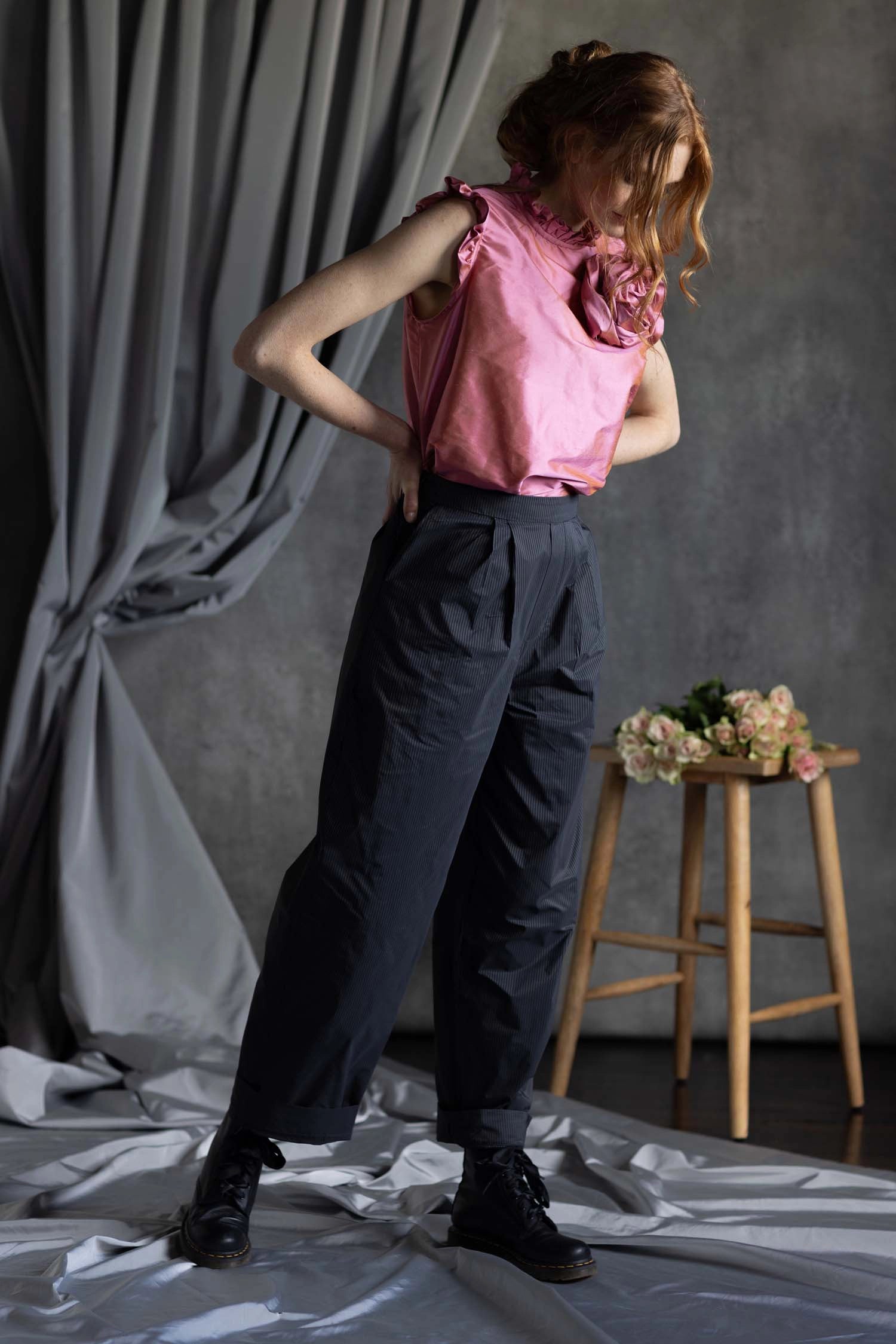 Silk Taffeta Ruffle Sleeveless Top in Pink