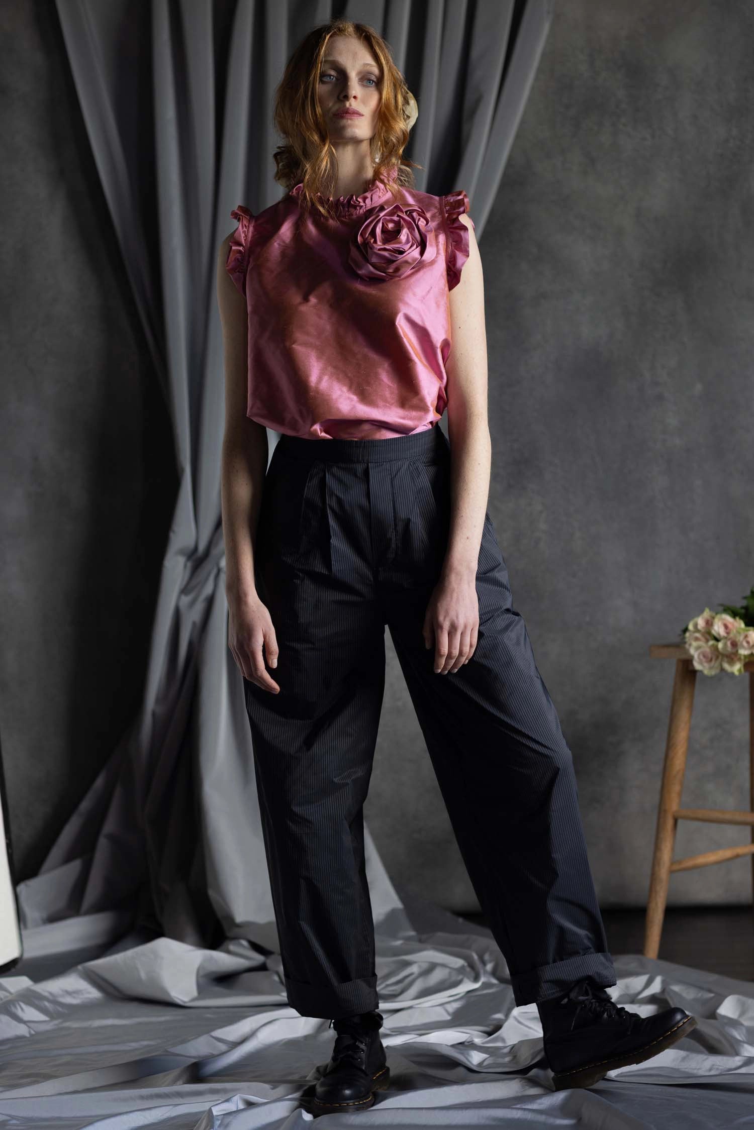 Silk Taffeta Ruffle Sleeveless Top in Pink