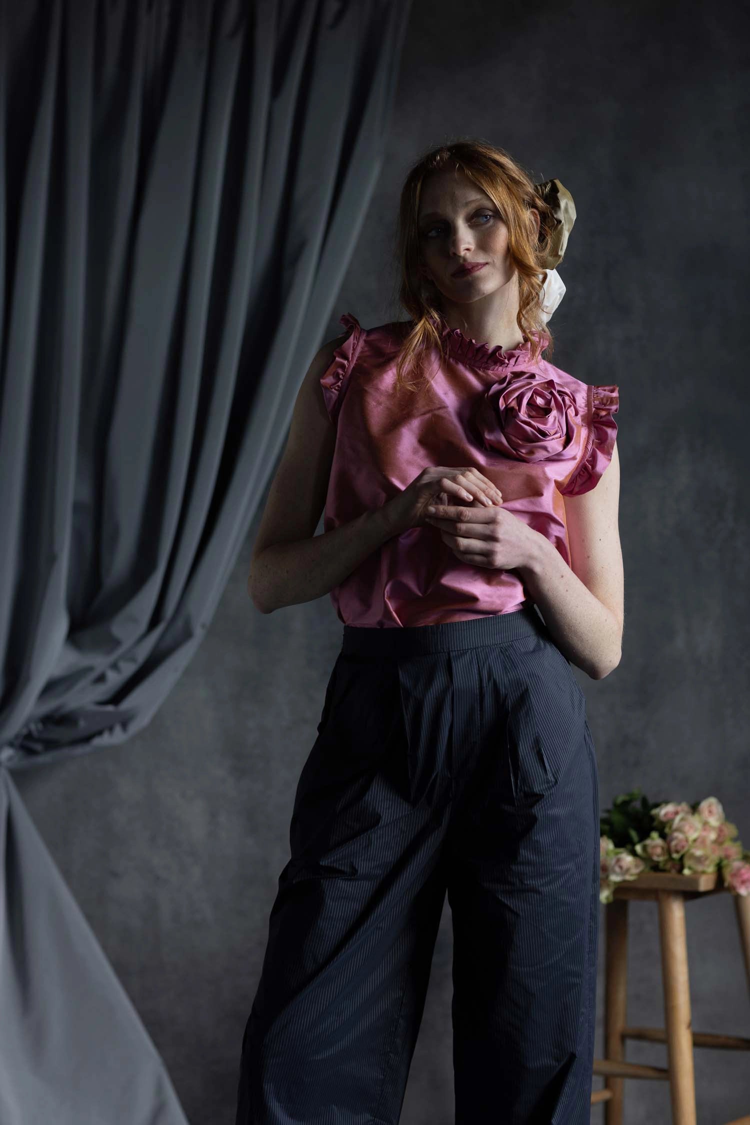 Silk Taffeta Ruffle Sleeveless Top in Pink