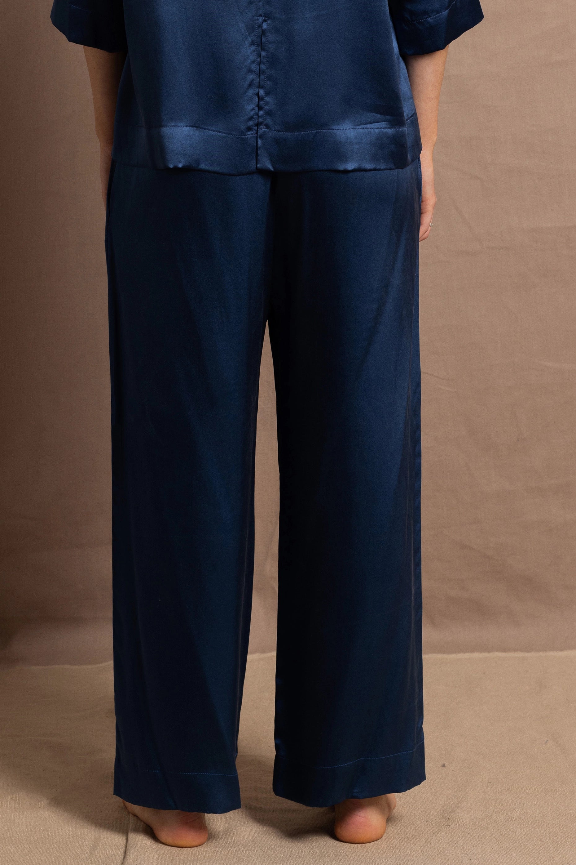 100% pure silk wide trousers in teal blue