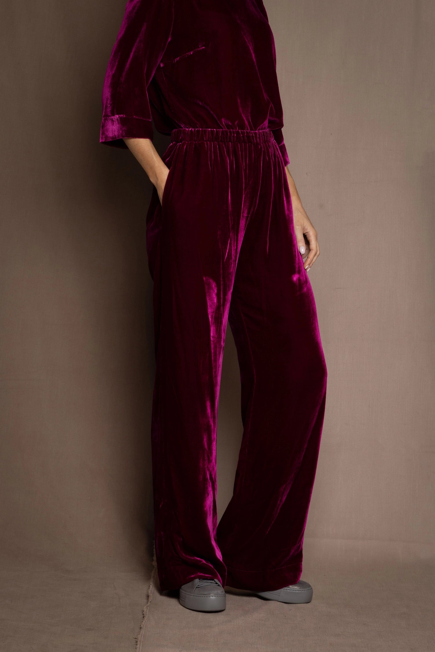Luxury Silk Velvet Trousers in Dark Pink