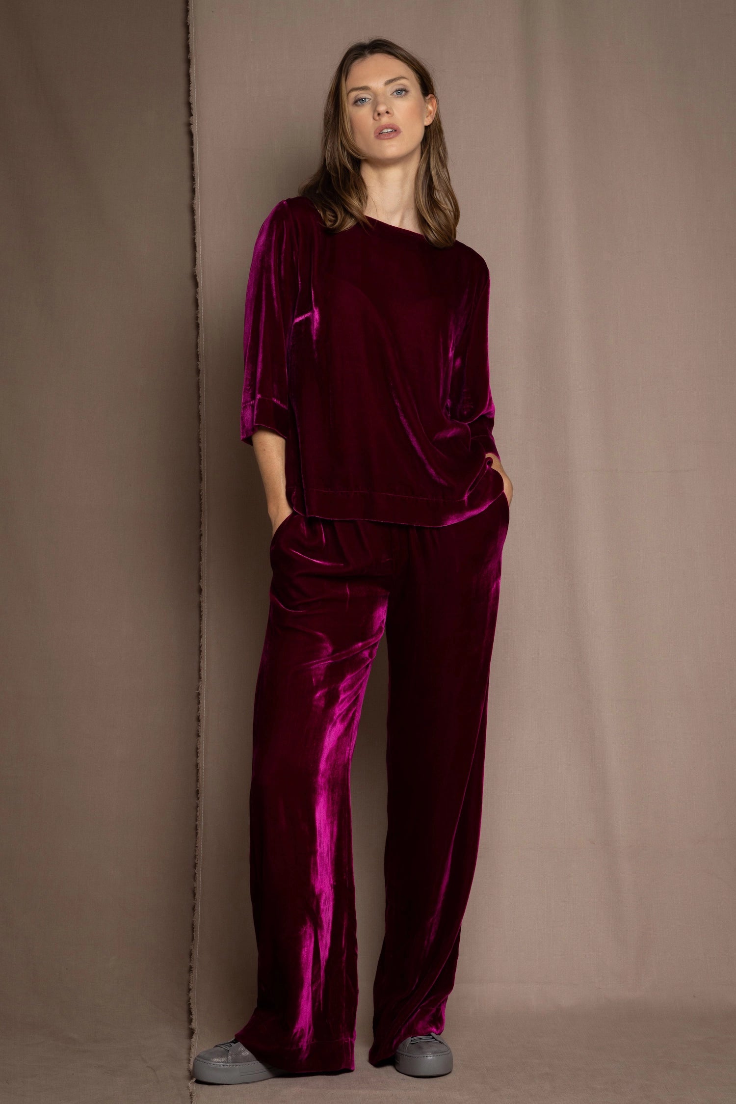 Luxury Silk Velvet Trousers in Dark Pink