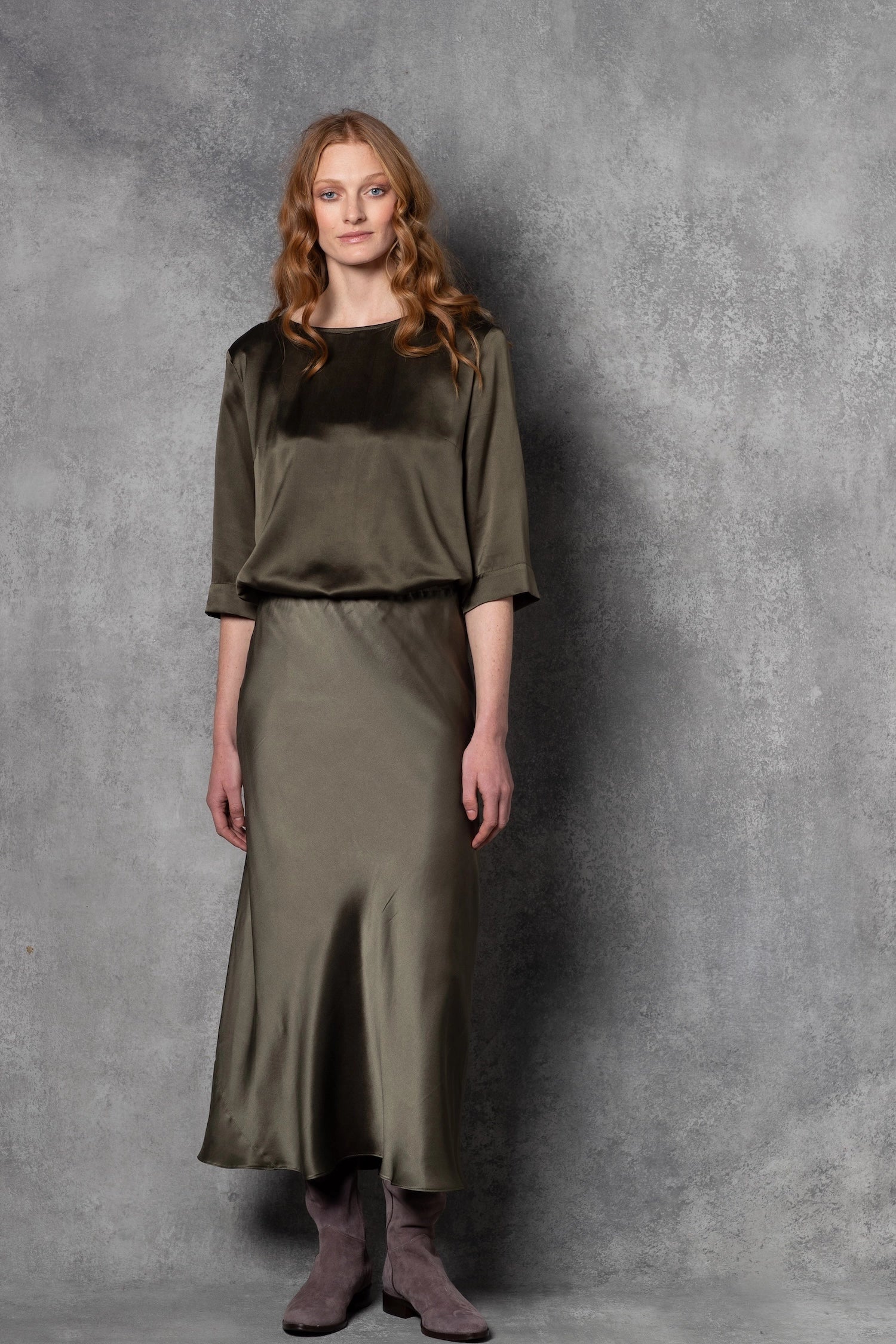 Luxury Silk Midi Skirt in Green