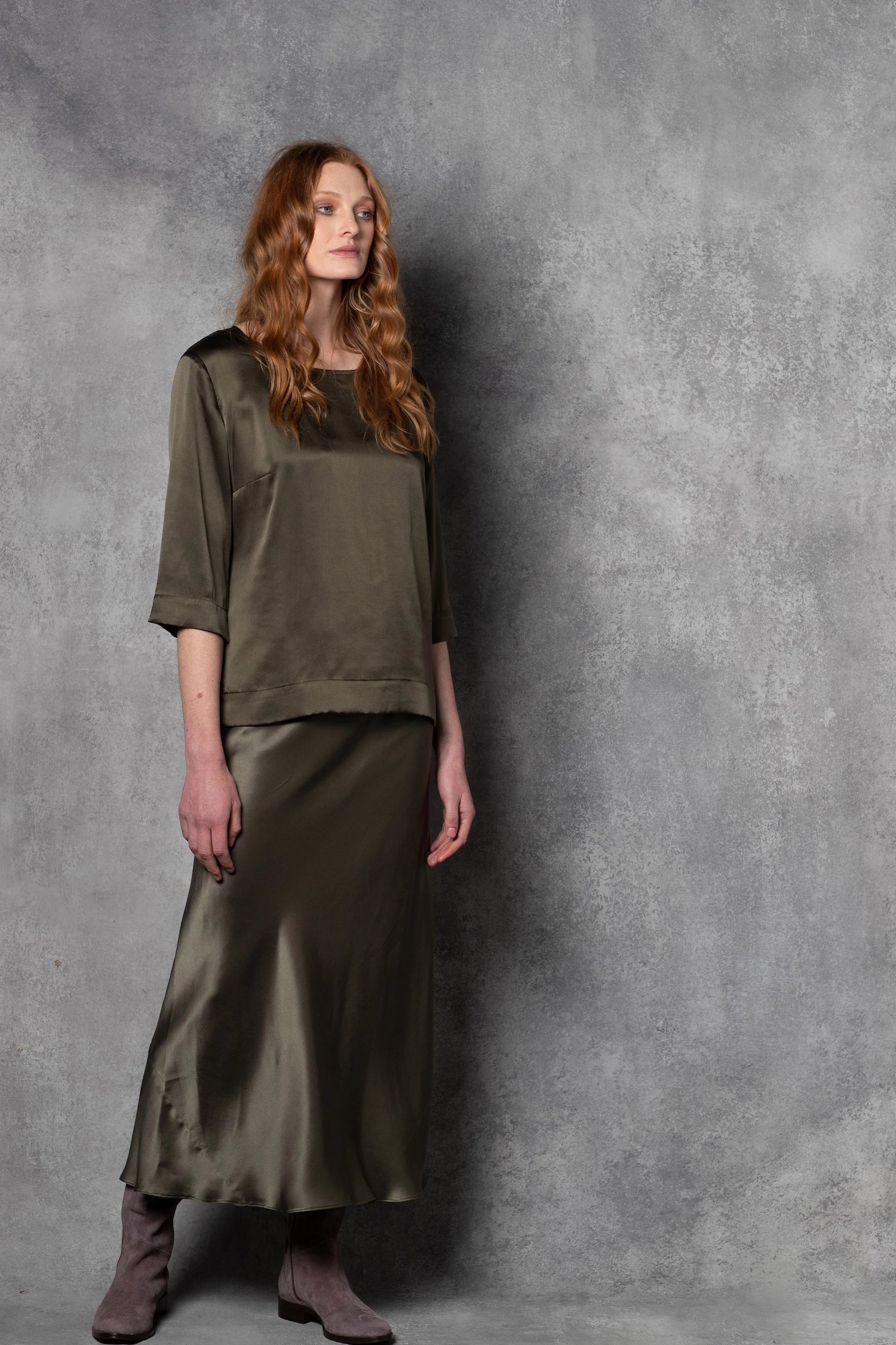 Luxury Silk Midi Skirt in Green