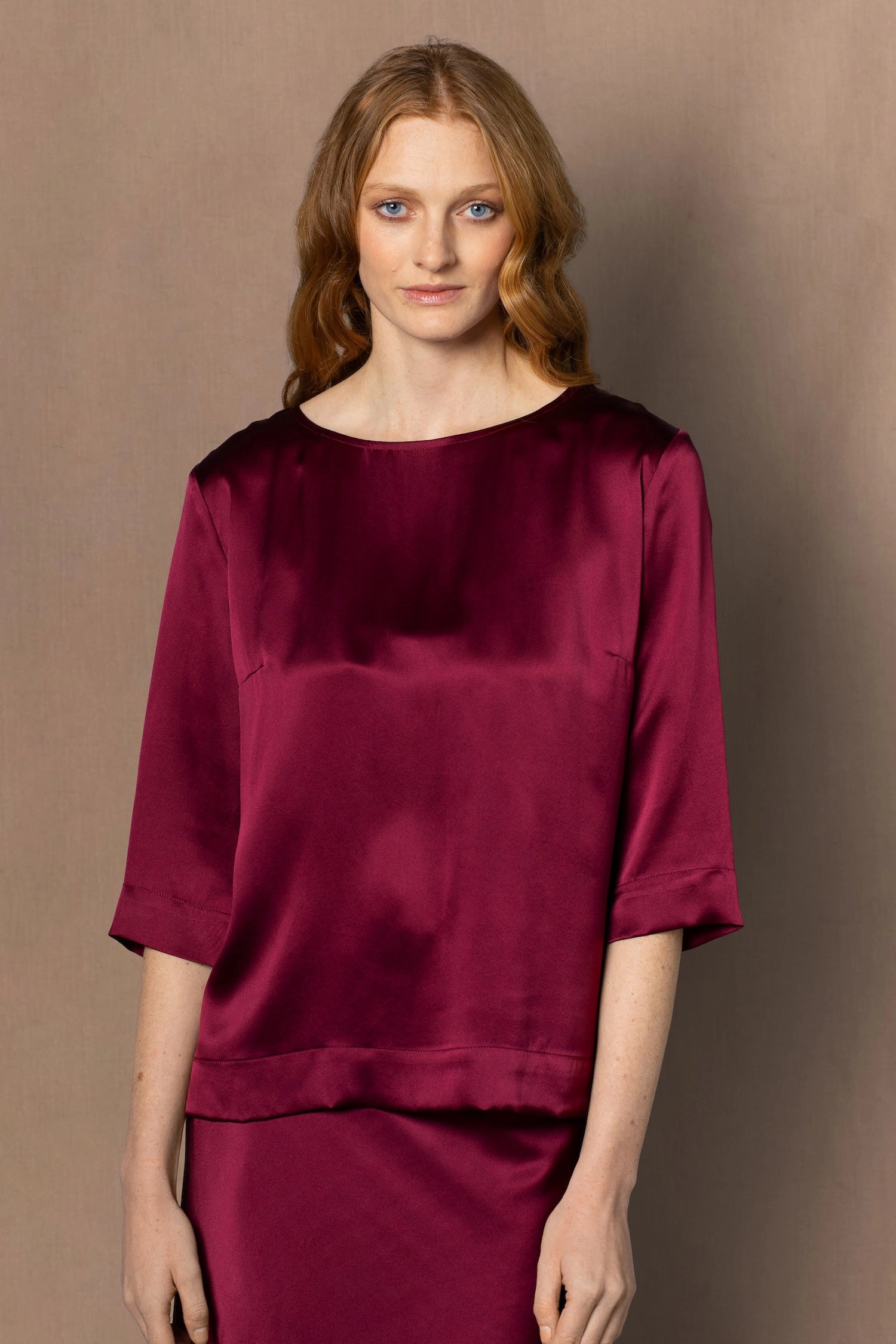 Long Sleeve luxury Silk Top in maroon