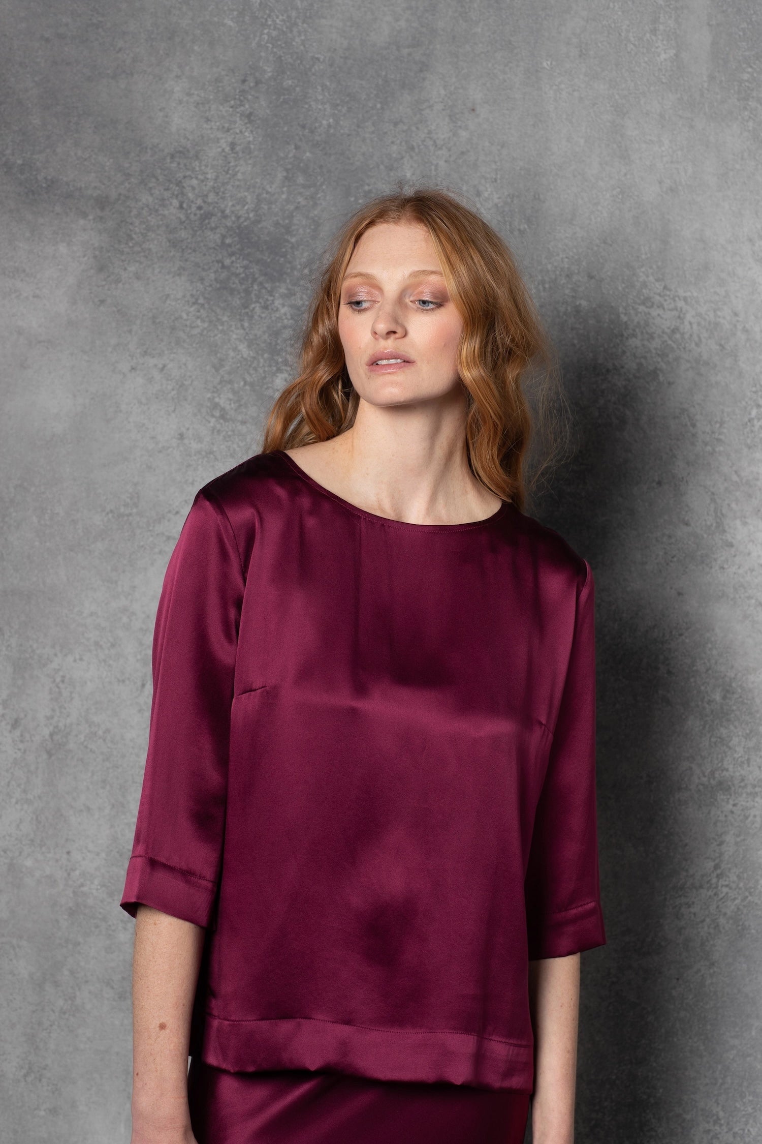 Long Sleeve luxury Silk Top in Wine