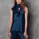 100% Silk Pussy bow Top in Teal Blue