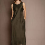 100% Silk Dress in Dark Khaki Green