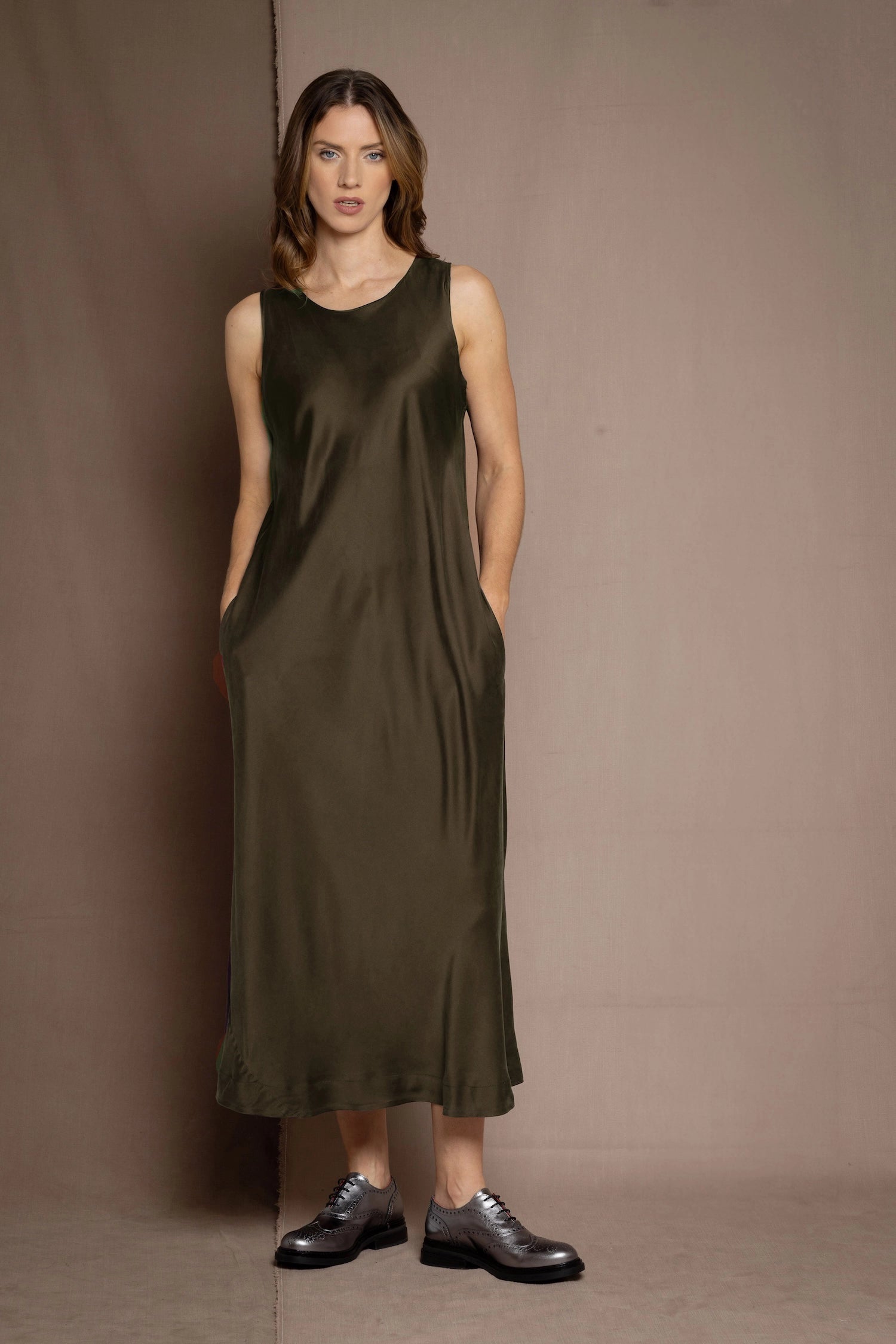 100% Silk Dress in Dark Khaki Green