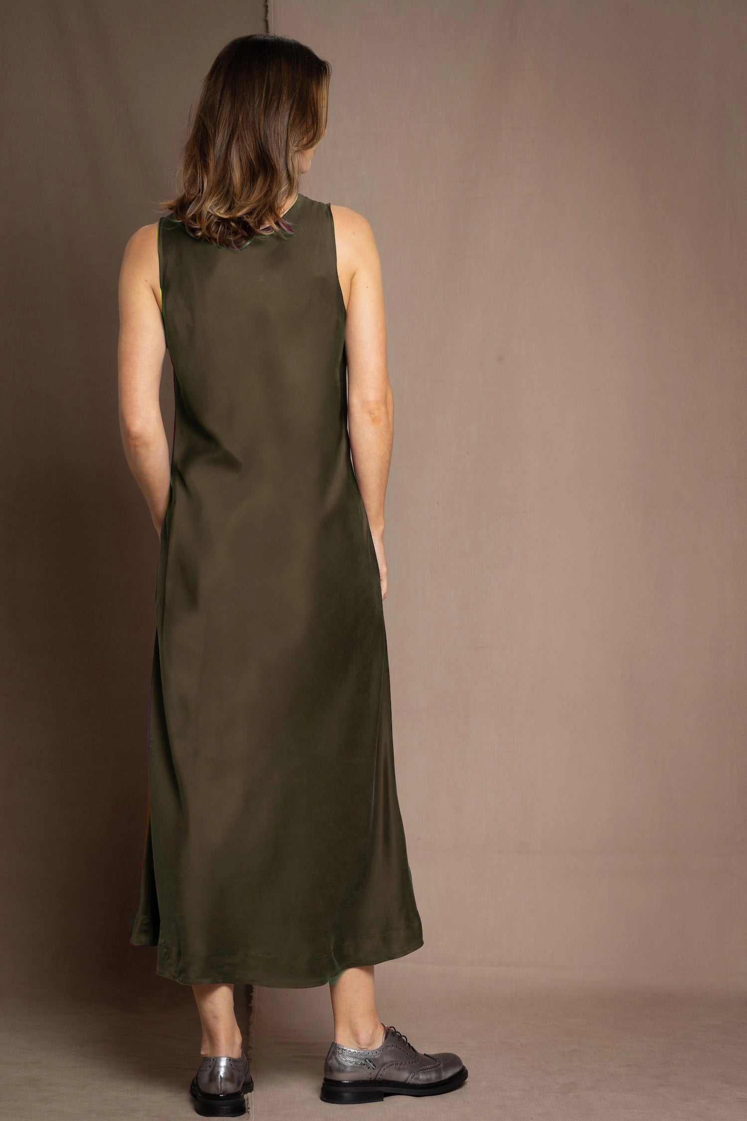 100% Silk Dress in Dark Khaki Green