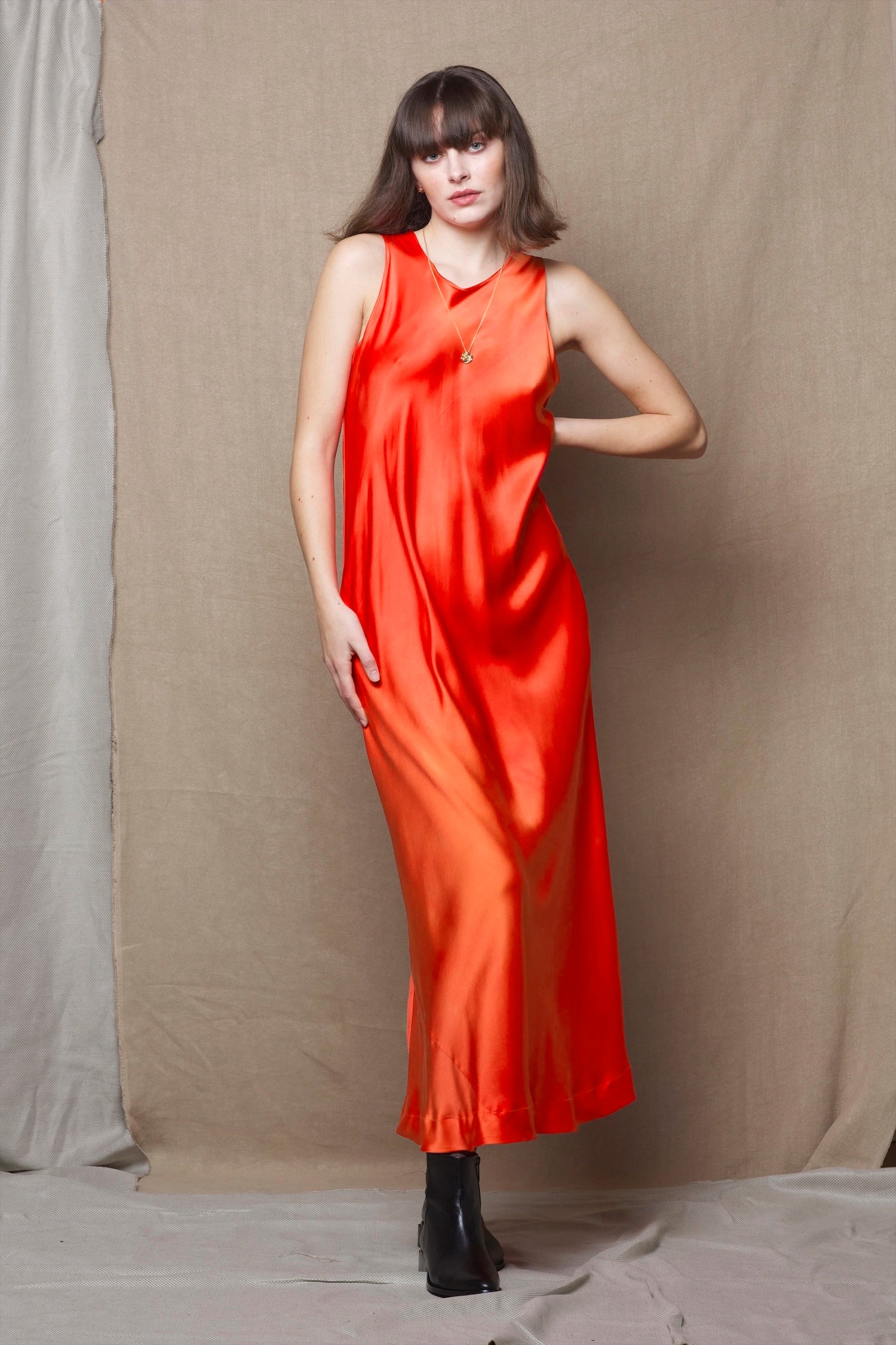 a long pure 100% silk dress in bright orange