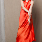 a long pure 100% silk dress in bright orange