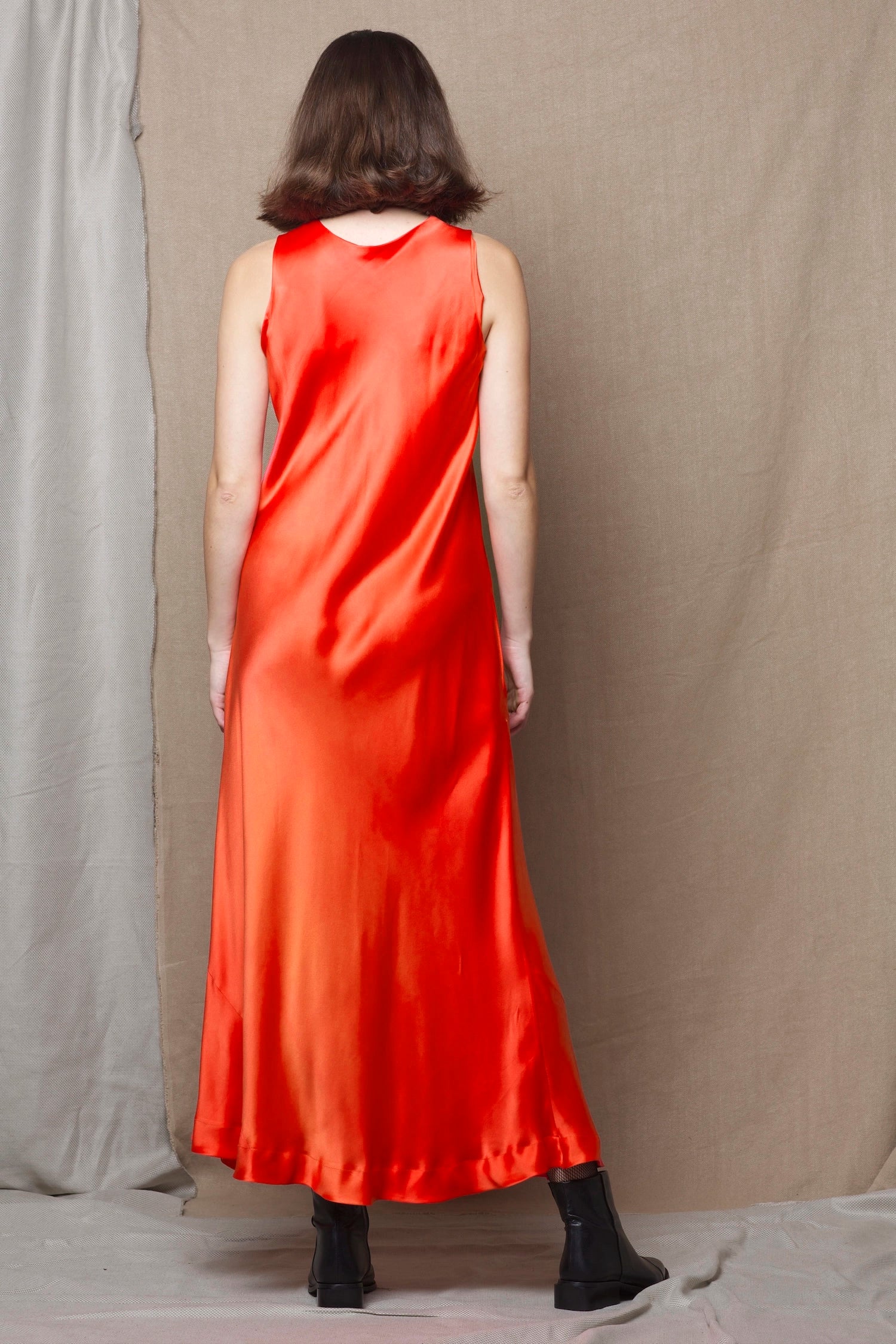 a long pure 100% silk dress in bright orange