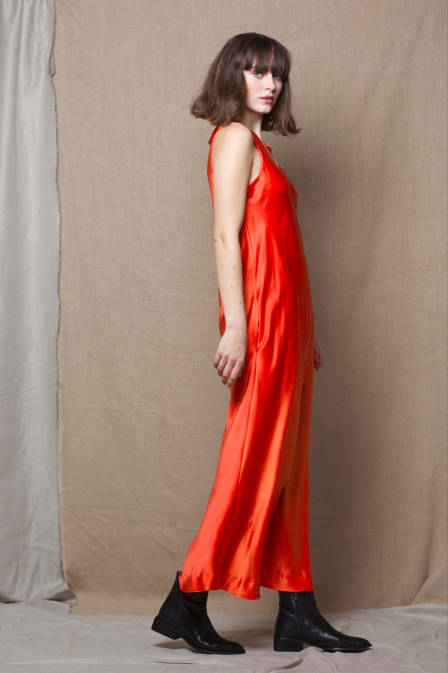 a long pure 100% silk dress in bright orange
