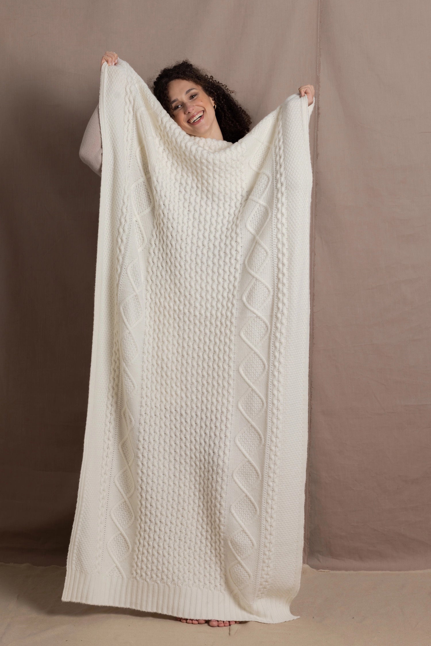 pure cashmere Irish aran throw blanket in cream
