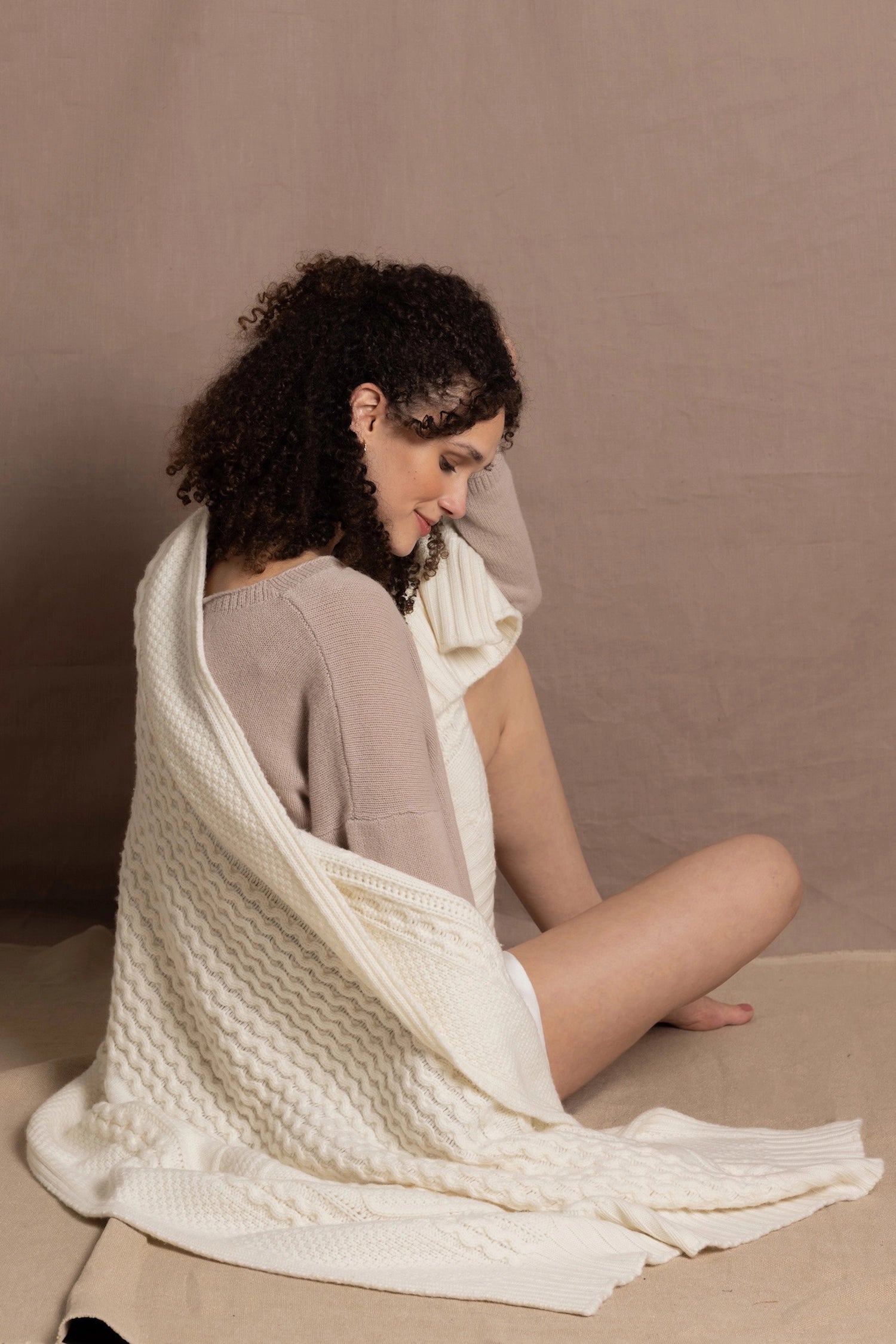 pure cashmere Irish aran throw blanket in cream