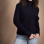Traditional Irish Cashmere Aran Turtleneck Sweater in Navy Blue