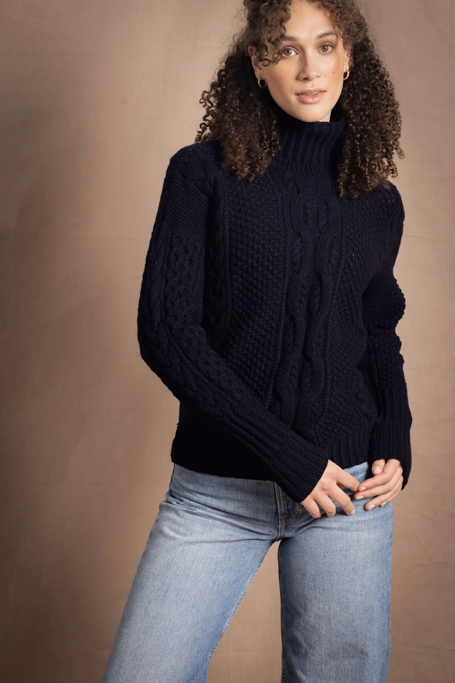 Traditional Irish Cashmere Aran Turtleneck Sweater in Navy Blue