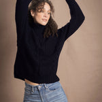 Traditional Irish Cashmere Aran Turtleneck Sweater in Navy Blue