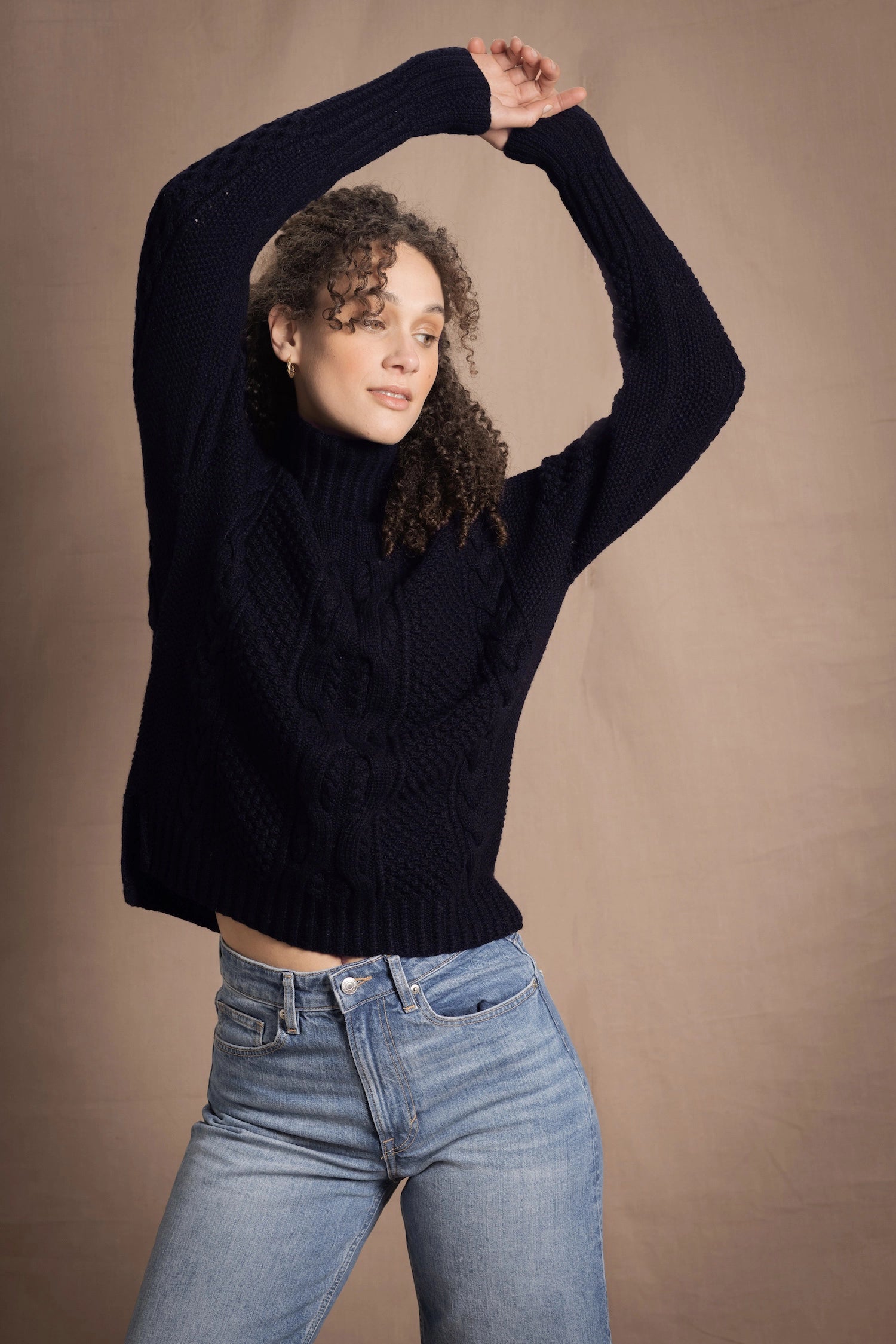 Traditional Irish Cashmere Aran Turtleneck Sweater in Navy Blue