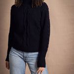 Traditional Irish Cashmere Aran Turtleneck Sweater in Navy Blue