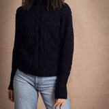 Traditional Irish Cashmere Aran Turtleneck Sweater in Navy Blue