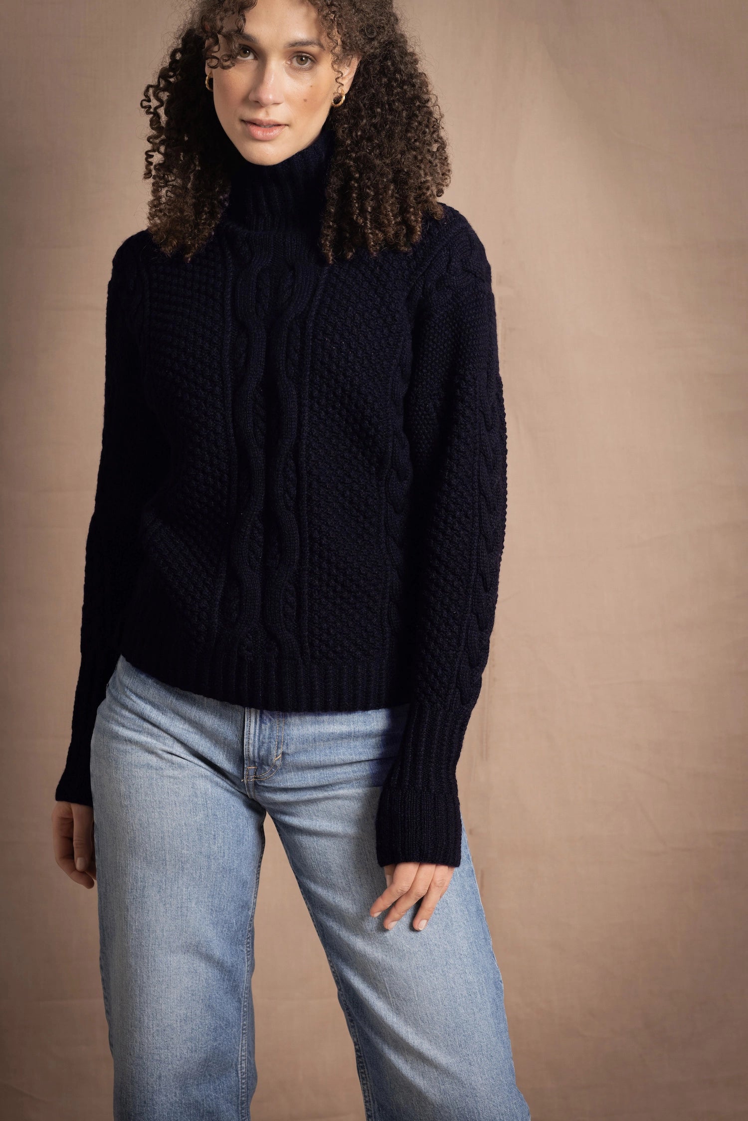 Traditional Irish Cashmere Aran Turtleneck Sweater in Navy Blue