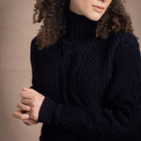 Traditional Irish Cashmere Aran Turtleneck Sweater in Navy Blue