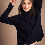 Traditional Irish Cashmere Aran Turtleneck Sweater in Navy Blue