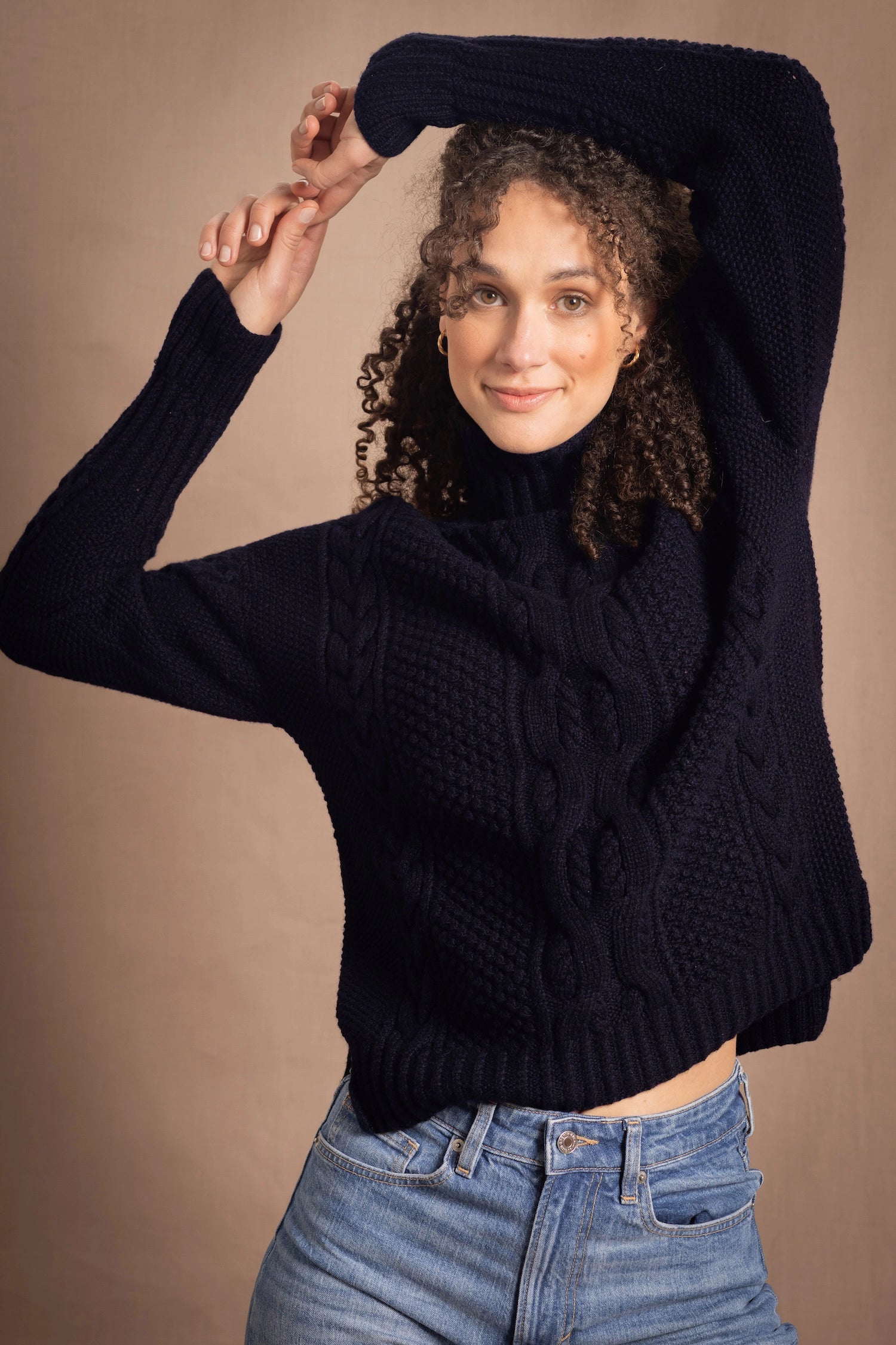 Traditional Irish Cashmere Aran Turtleneck Sweater in Navy Blue