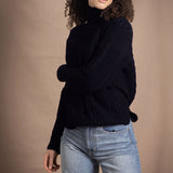 Traditional Irish Cashmere Aran Turtleneck Sweater in Navy Blue