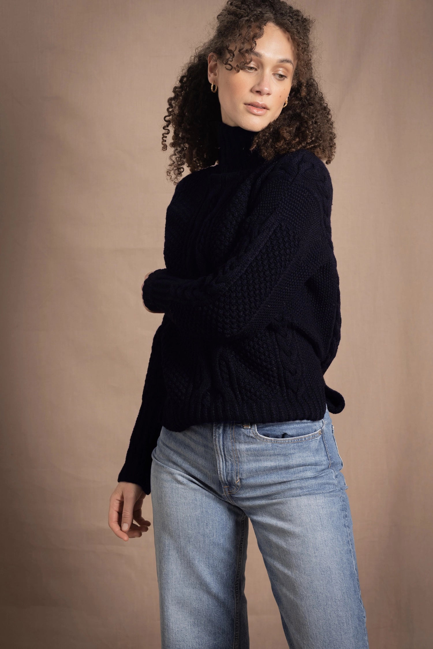 Traditional Irish Cashmere Aran Turtleneck Sweater in Navy Blue